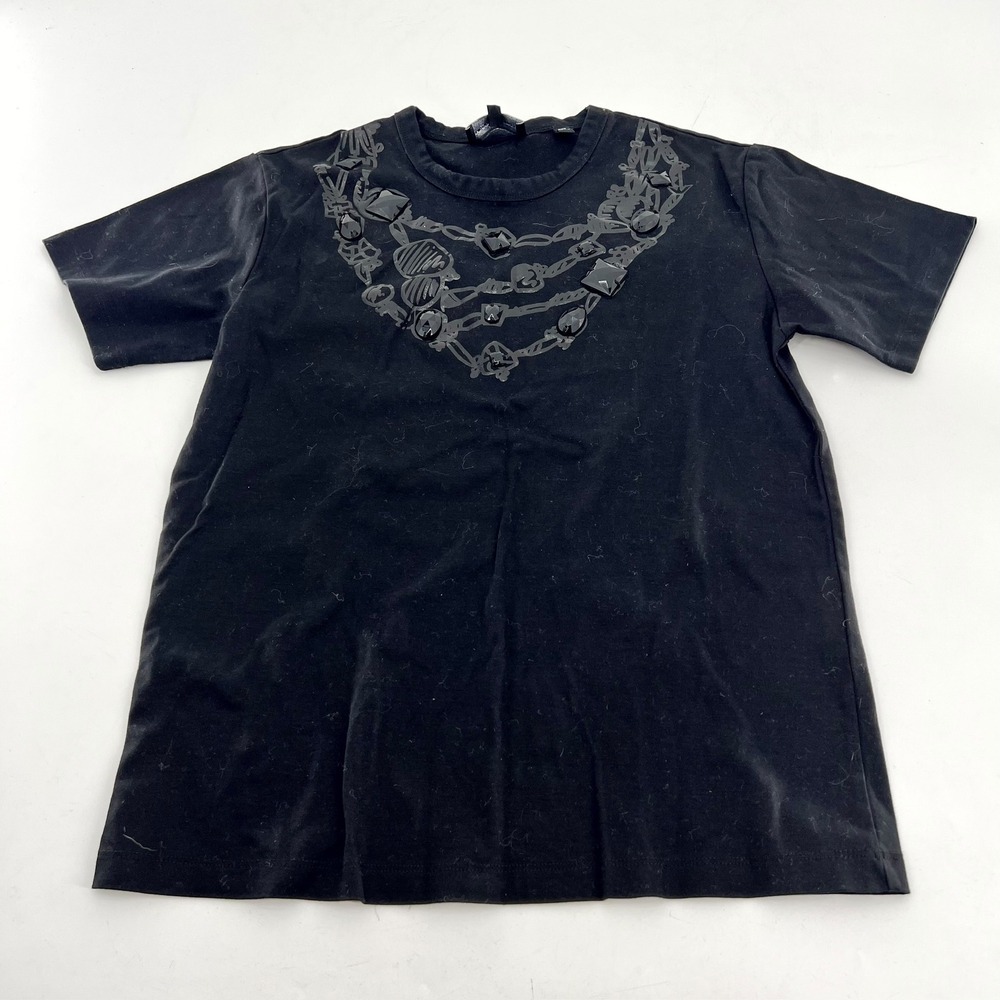 Emporio Armani Black Beaded Necklace Graphic T-Shirt Womens Small Short Sleeve